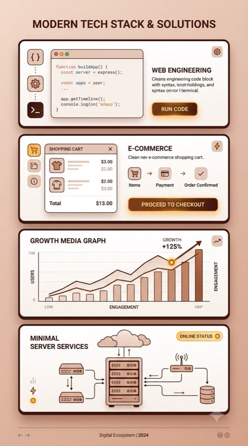 Illustrated overview of the company's technology stack: a web engineering code editor, an e-commerce checkout flow, a digital marketing growth chart and a server and networking diagram.