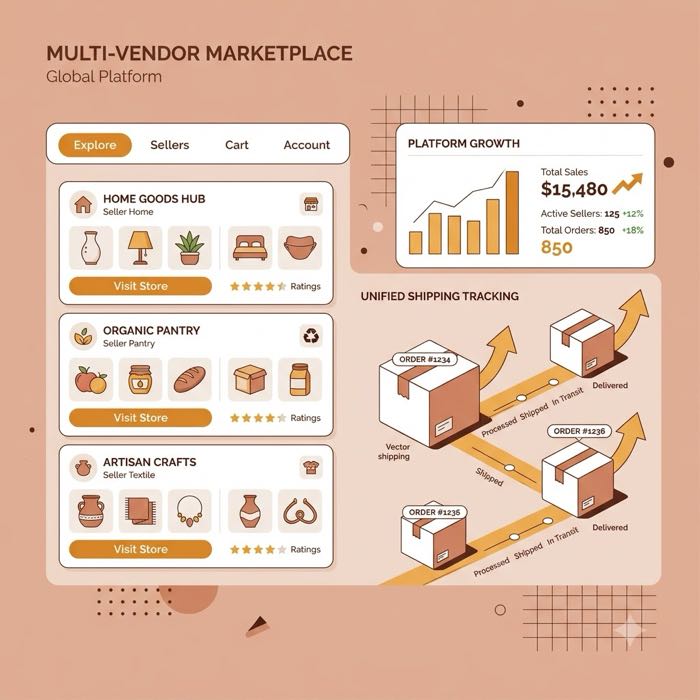 Multi-vendor marketplace interface showing three seller storefronts, a platform growth panel with total sales and active seller counts, and a unified shipping tracking view.