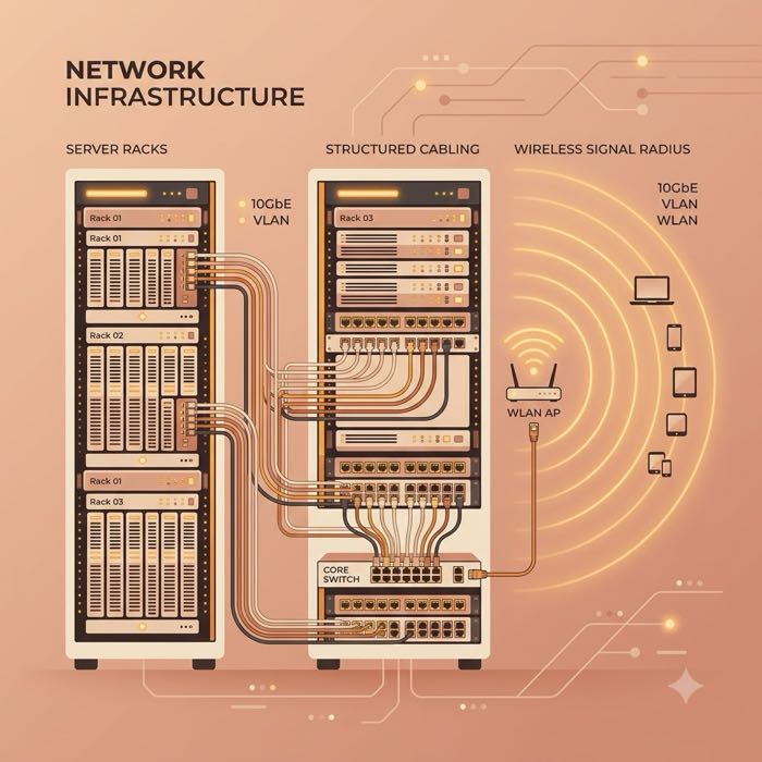 Network infrastructure diagram showing two server racks, structured cabling into a core switch, and a wireless access point serving laptops, tablets and phones.