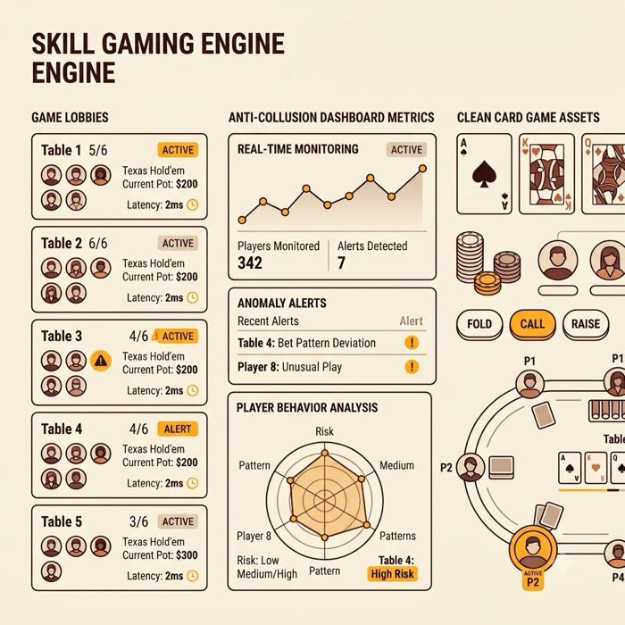 Skill gaming engine dashboard showing live game lobbies with player counts and latency, an anti-collusion monitoring panel with anomaly alerts, and card game interface assets.
